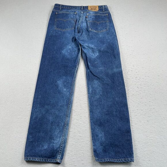 Levis 505 Orange Tab Mid Rise Dark Wash Distressed Denim‎ Blue Jeans Mens 36x32 - Picture 16 of 16